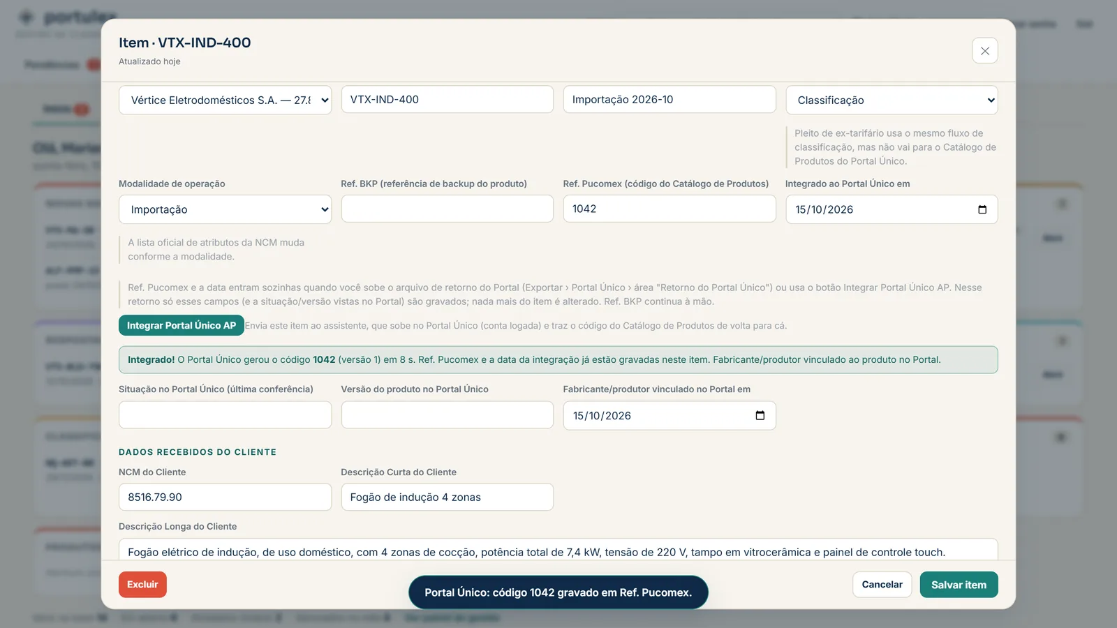 Item integrado ao Portal Único com o código do Catálogo